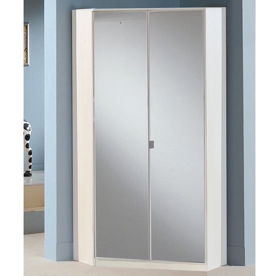 Bruce Mirrored Corner Wardrobe In White With 2 Doors Furniture in Fashion