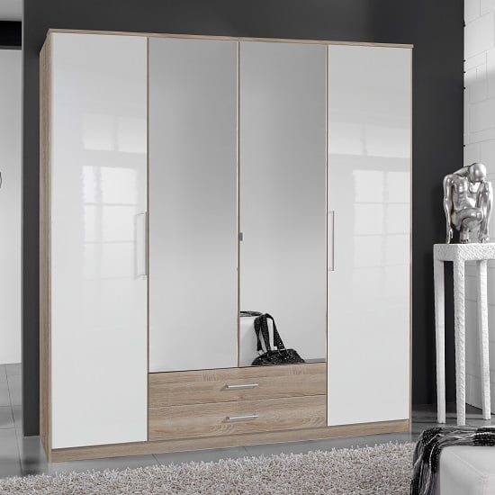 Photo of Bruce mirror wardrobe large in oak effect white gloss fronts