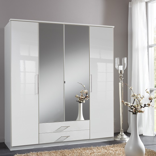 Bruce Mirror Wardrobe Large In White With Gloss Fronts 4 Doors