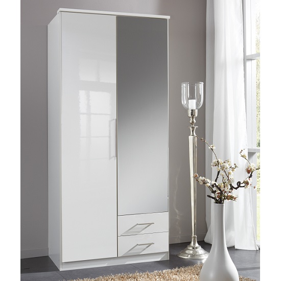 Bruce Mirror Wardrobe In White High Gloss Fronts With 2 Drawers