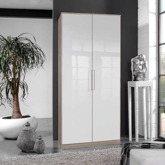 Read more about Bruce wardrobe in oak effect with white gloss fronts and 2 doors