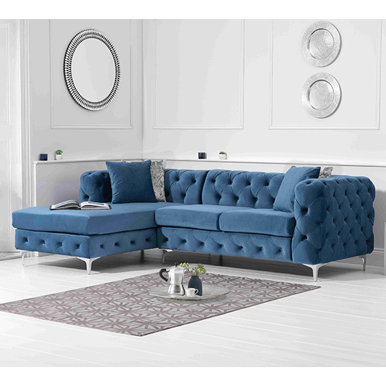 Bruket Velvet Left Facing Corner Chaise Sofa In Blue