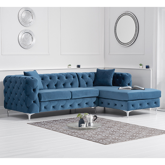 BrUKet Velvet Right Handed Chaise Corner Sofa In Blue FiF