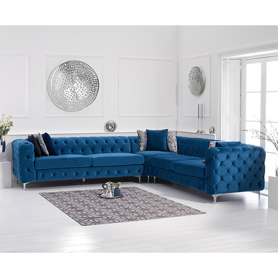 Bruket Chesterfield Velvet Corner Sofa In Blue