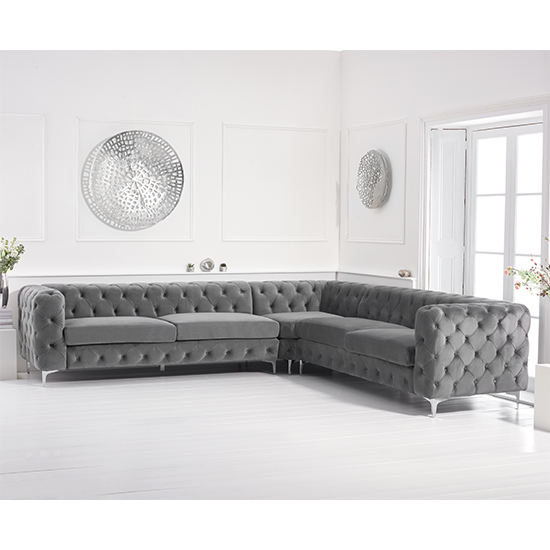 Hansel Velvet Upholstered Corner Sofa In Grey Sale