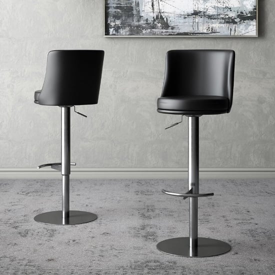 Read more about Banbury black leather bar stools with steel base in pair