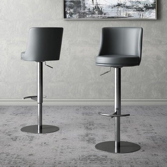 Read more about Banbury grey leather bar stools with steel base in pair