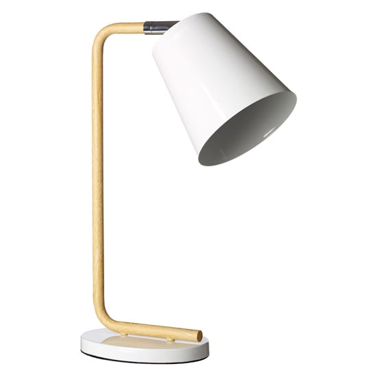 Photo of Bruyo white metal table lamp with natural wooden base