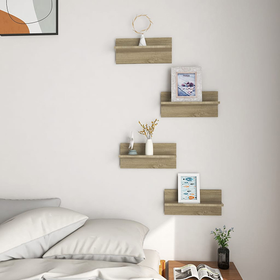 Bryce Set Of 4 Wooden Wall Shelf In Sonoma Oak Furniture in Fashion