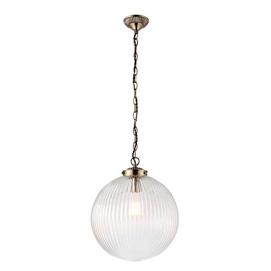 Photo of Brydon large ribbed glass pendant light in antique brass