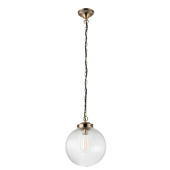 Brydon Small Ribbed Glass Pendant Light In Antique Brass