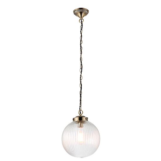 Photo of Brydon small ribbed glass pendant light in antique brass