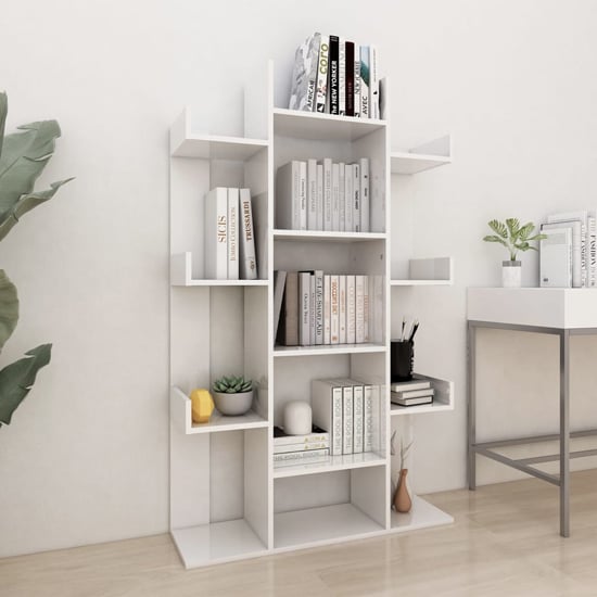 Bryson High Gloss Bookcase With 13 Compartments In White