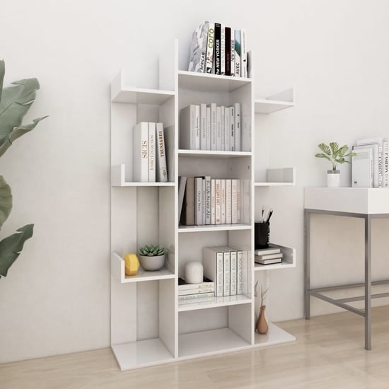 Bryson High Gloss Bookcase With 13 Compartments In White Furniture in