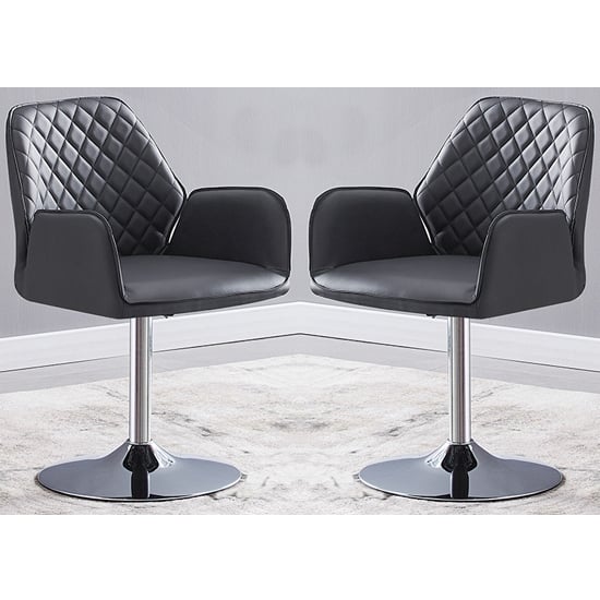 Bucketeer Swivel Grey Faux Leather Dining Chairs In Pair