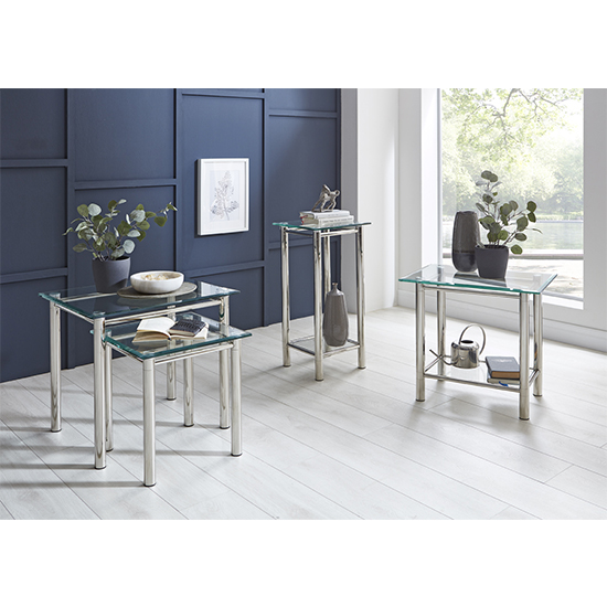 Buckeye Tall Clear Glass Side Table With Chrome Legs Furniture in Fashion