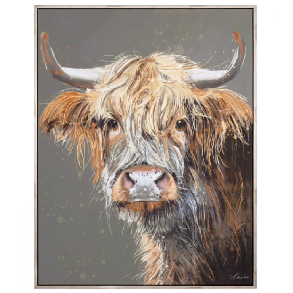 Bucyrus Large Canvas Highland Cow Wall Art In Oak Frame