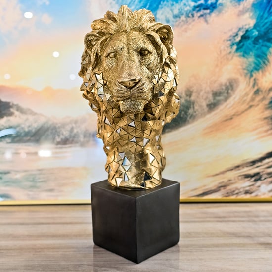 Product photograph of Buda Resin Lion Bust Sculpture In Gold And Black from Furniture in Fashion
