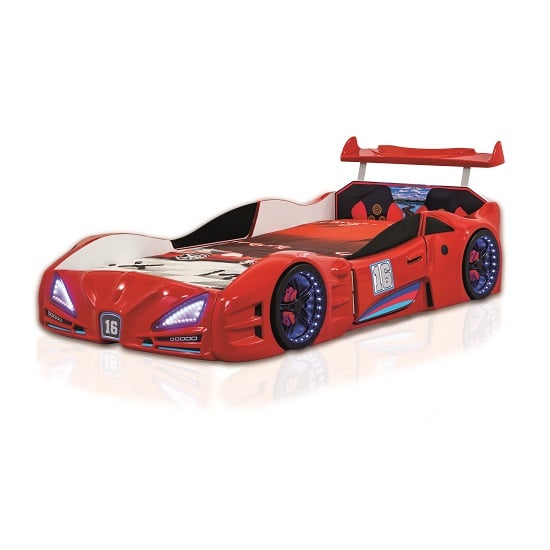 Read more about Buggati veron childrens car bed in red with spoiler and led