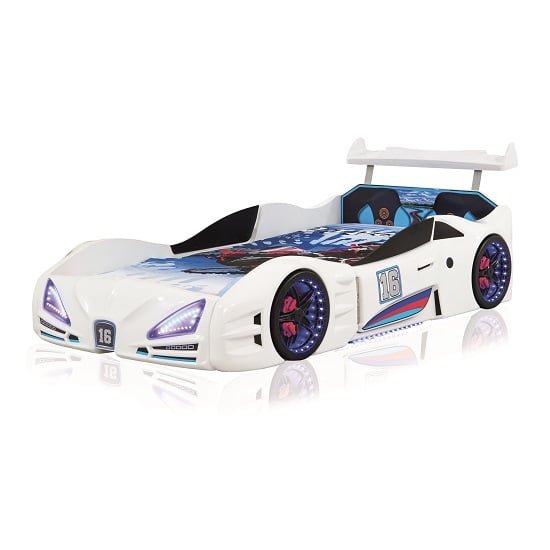 Buggati Veron Childrens Car Bed In White With Spoiler And LED