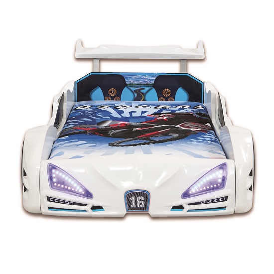 Buggati Veron Childrens Car Bed In White With Spoiler And LED_2