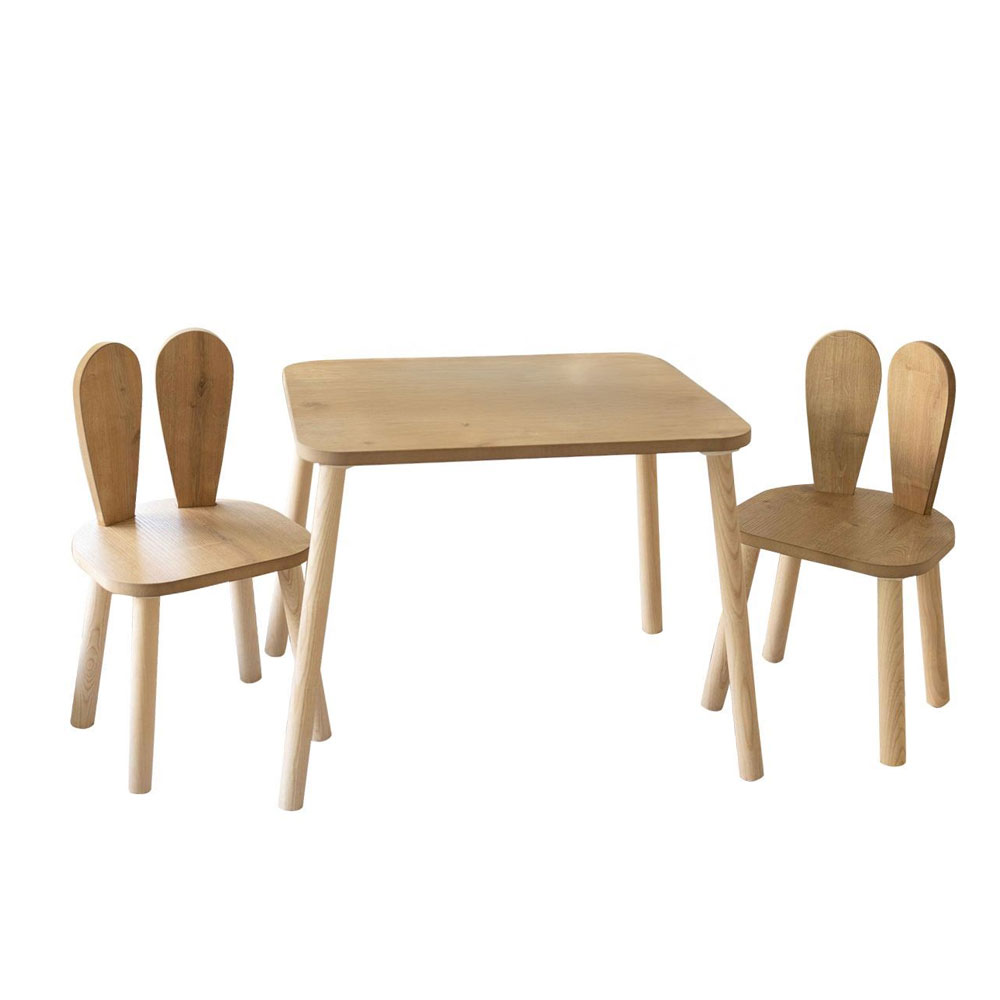 Bunny Wooden Kids Table with 2 Chairs in Brown