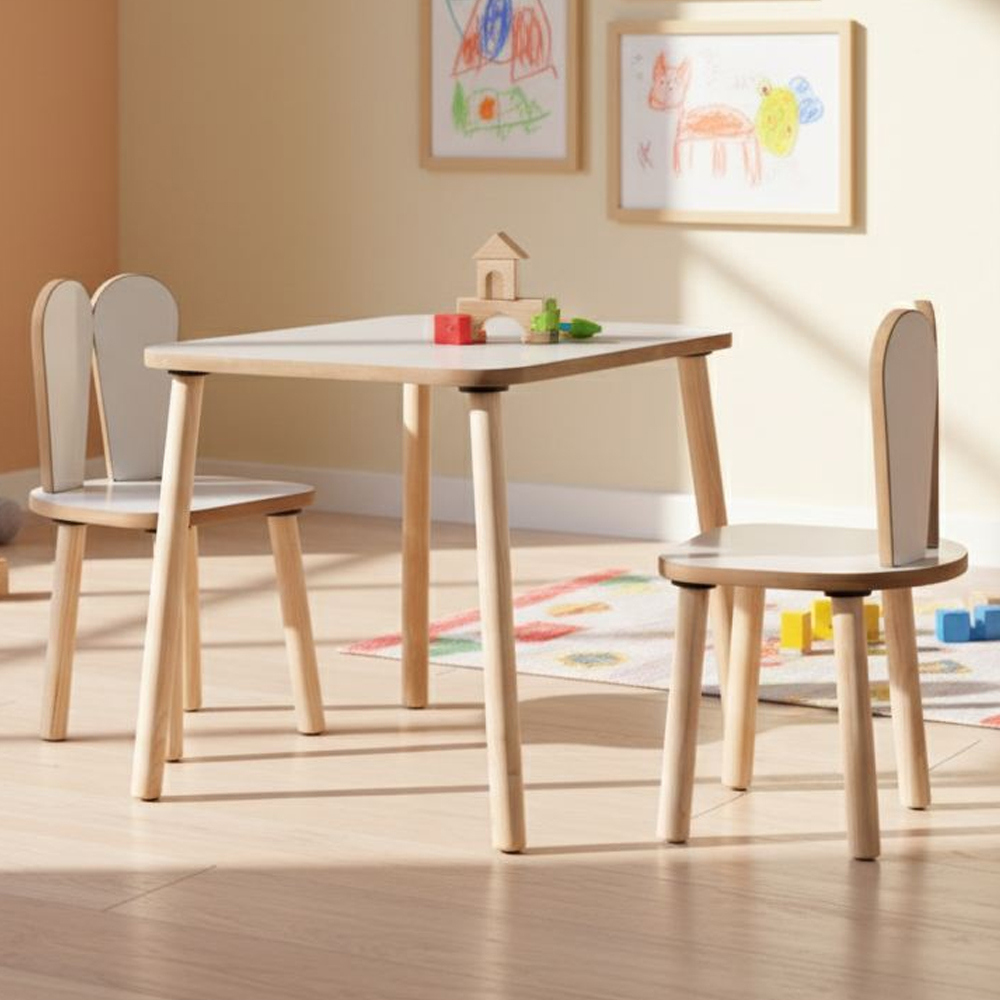 Bunny Wooden Kids Table with 2 Chairs in White and Oak