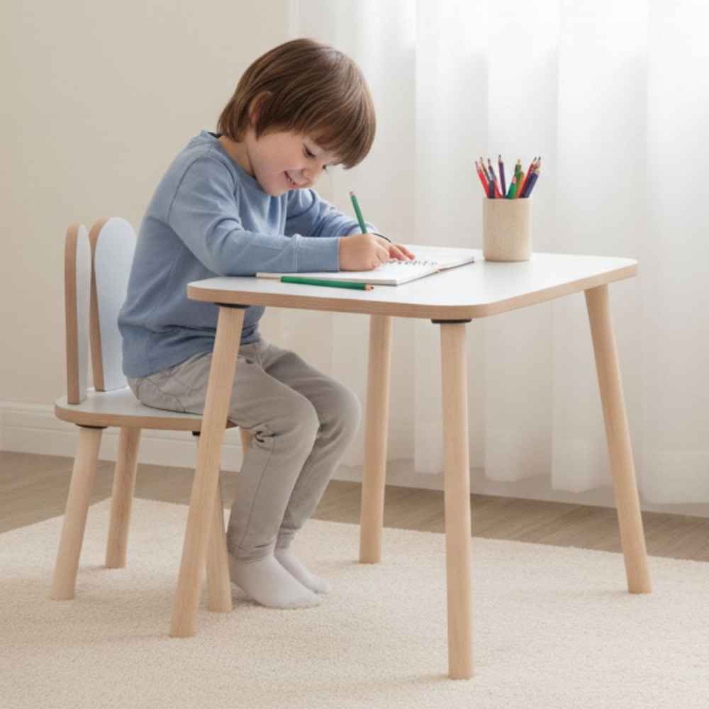 Bunny Wooden Kids Table and Chair Set in White and Oak