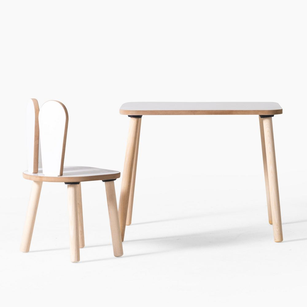 Bunny Wooden Kids Table and Chair Set in White and Oak
