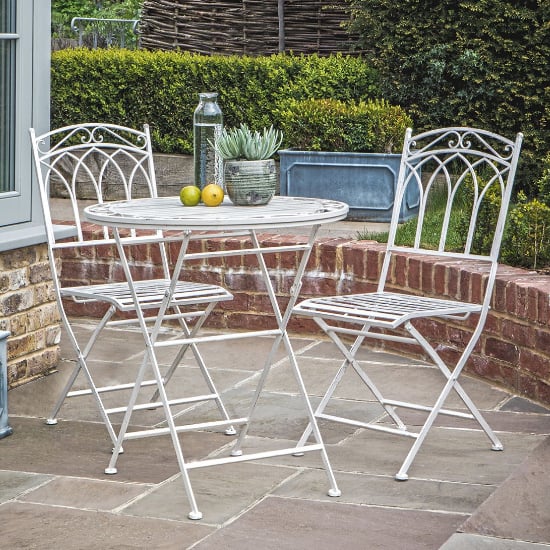 Product photograph of Buramo Outdoor Metal Bistro Set In Distressed White from Furniture in Fashion
