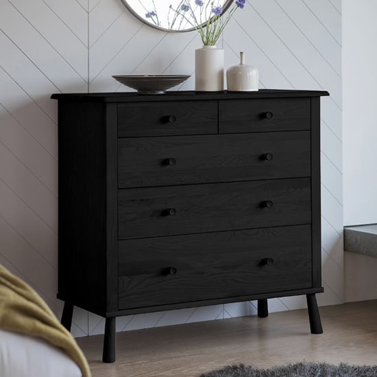 Product photograph of Burbank Oak Wood Chest Of 5 Drawers In Black from Furniture in Fashion