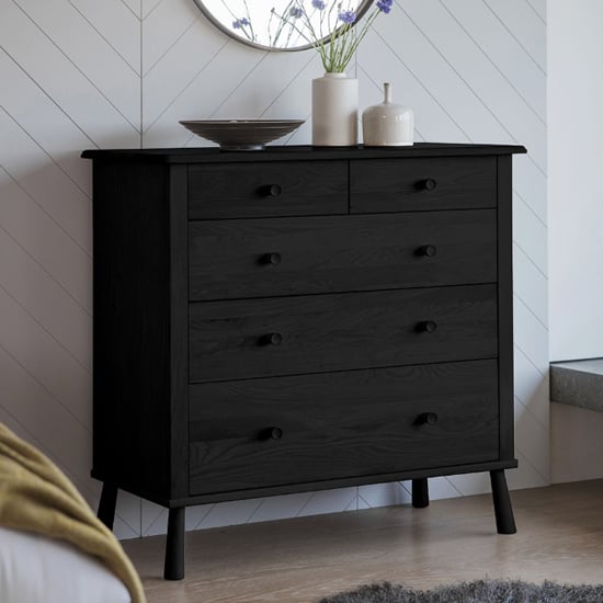 Burbank Oak Wood Chest Of 5 Drawers In Black