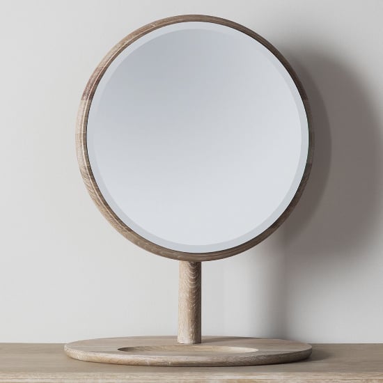Read more about Burbank round dressing mirror in oak wooden frame