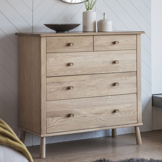 Product photograph of Burbank Wooden Chest Of 5 Drawers In Oak from Furniture in Fashion