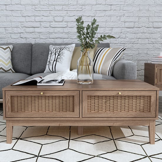 Read more about Burdon wooden coffee table with 2 drawers in oak