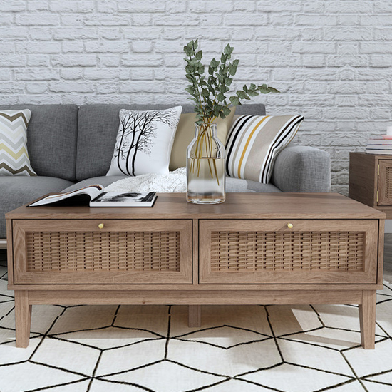 Photo of Burdon wooden coffee table with 2 drawers in oak