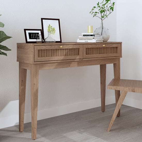 Photo of Burdon wooden console table with 2 drawers in oak