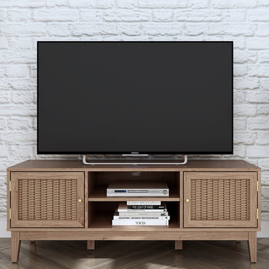 Photo of Burdon wooden tv stand with 2 doors in oak