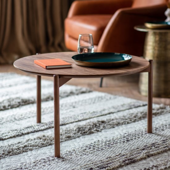 Photo of Burlap round wooden coffee table in walnut