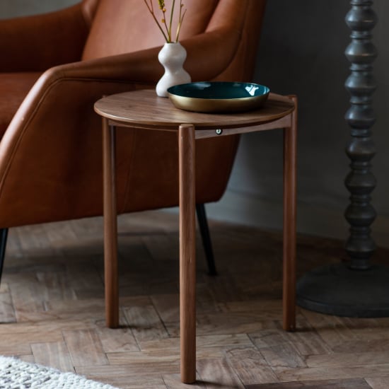 Product photograph of Burlap Round Wooden Side Table In Walnut from Furniture in Fashion