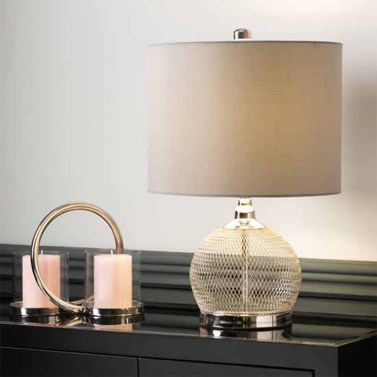 Product photograph of Burley Grey Shade Table Lamp With Chrome Wire Mesh Base from Furniture in Fashion