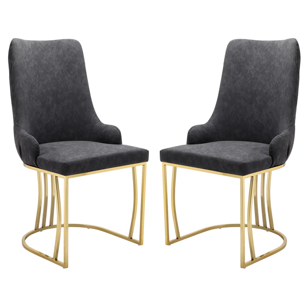 Read more about Burma black pu leather dining chairs with gold frame in pair