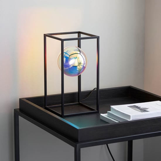 Photo of Burnet iridescent glass table lamp with matt black open frame