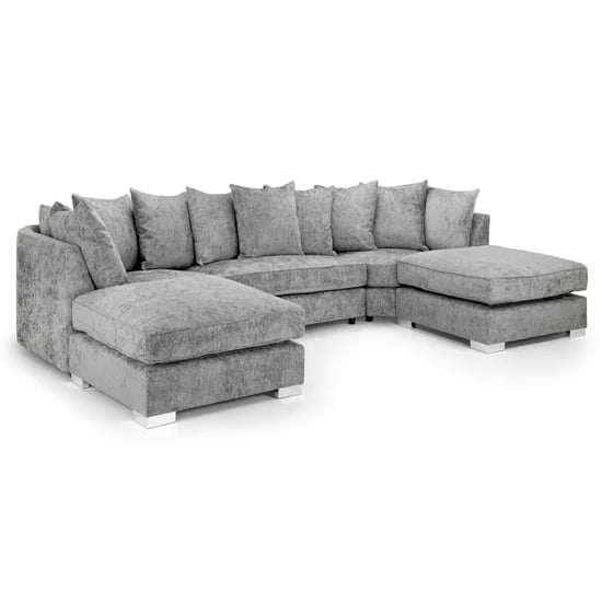 Product photograph of Burton Velvet Scatterback U Shape Corner Sofa In Platinum from Furniture in Fashion