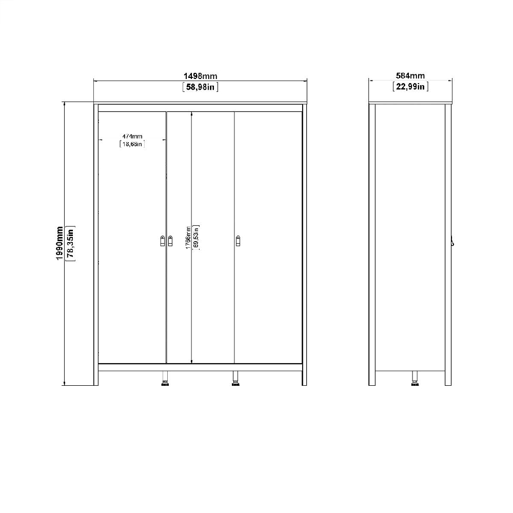 Butler Wooden Bedroom Set With 3 Doors Wardrobe In White