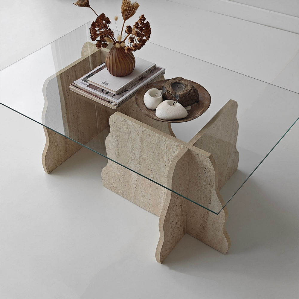 Canyon Rectangular Transparent Glass Top Coffee Table with Travertine Marble Effect Wooden Base