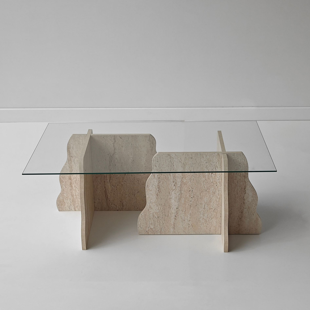Canyon Rectangular Transparent Glass Top Coffee Table with Travertine Marble Effect Wooden Base