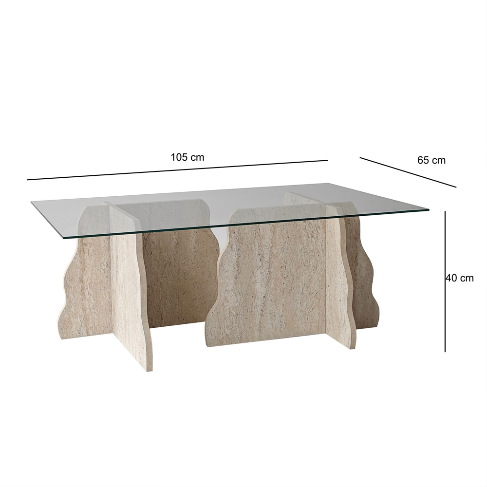 Canyon Rectangular Transparent Glass Top Coffee Table with Travertine Marble Effect Wooden Base