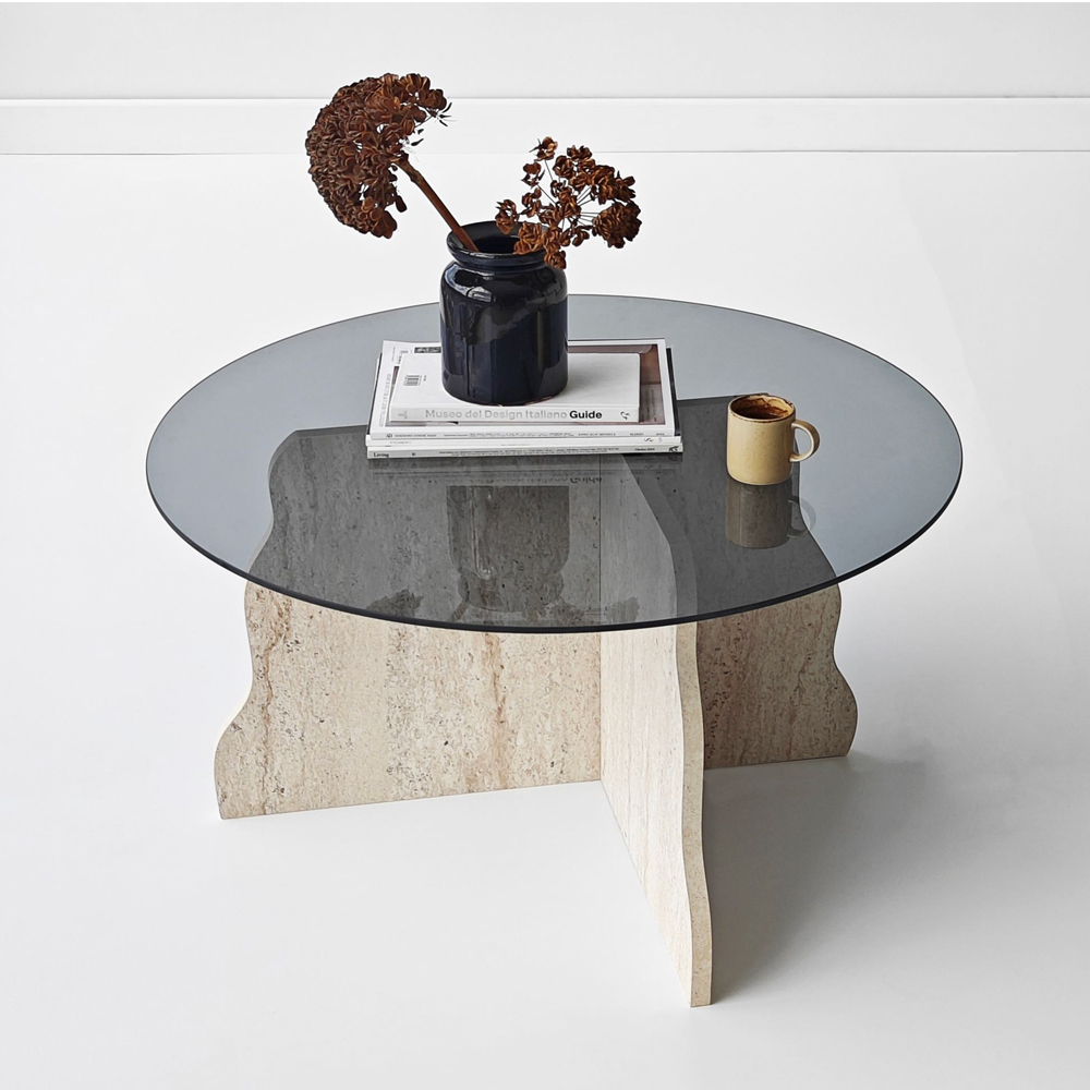 Butterfly Round Tempered Glass Top Coffee Table with Travertine Marble Effect Wooden Base