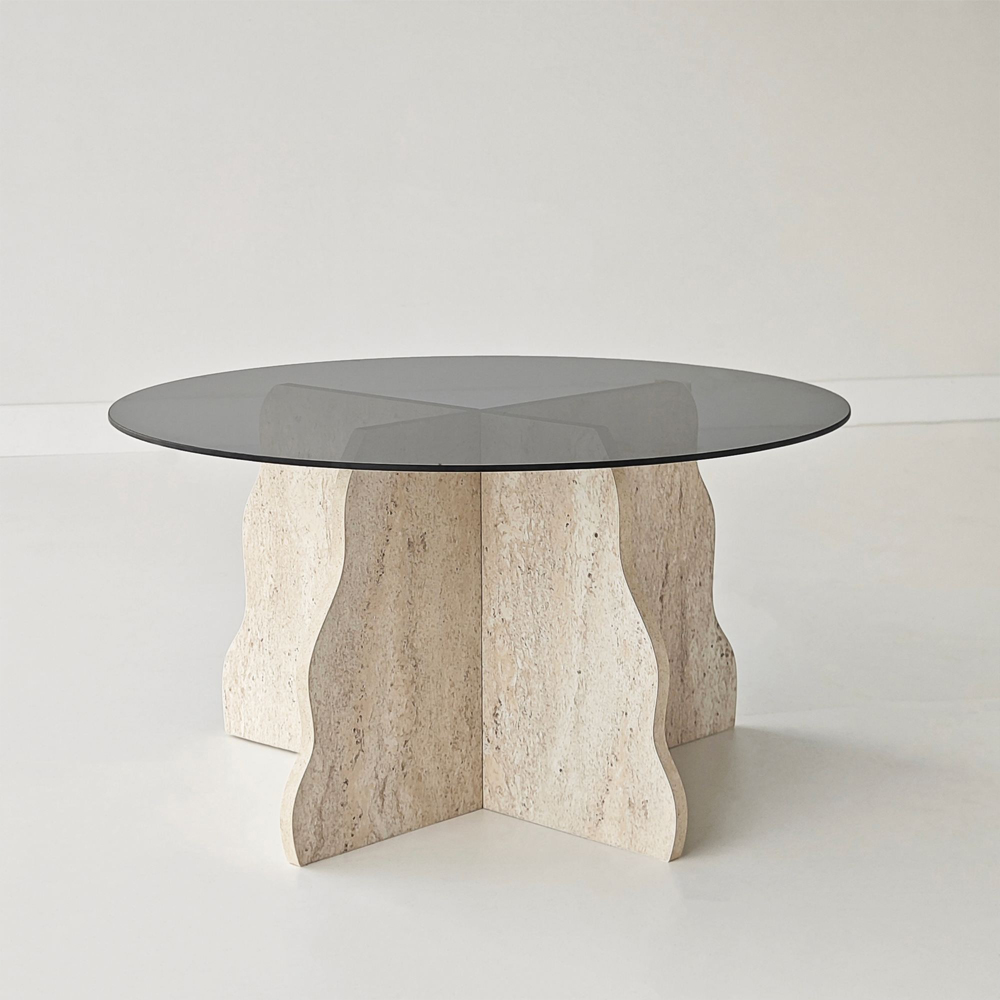 Butterfly Round Tempered Glass Top Coffee Table with Travertine Marble Effect Wooden Base